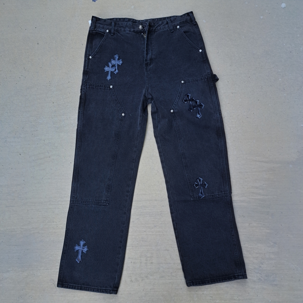 Chrome Hearts Carpenter Dark Gray Jeans with Patent Leather Cross Accents